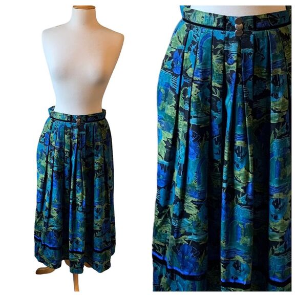 Vintage Alphorn Blue Green Floral Octoberfest Lined Box Pleats Maxi Skirt - Med - Picture 1 of 9